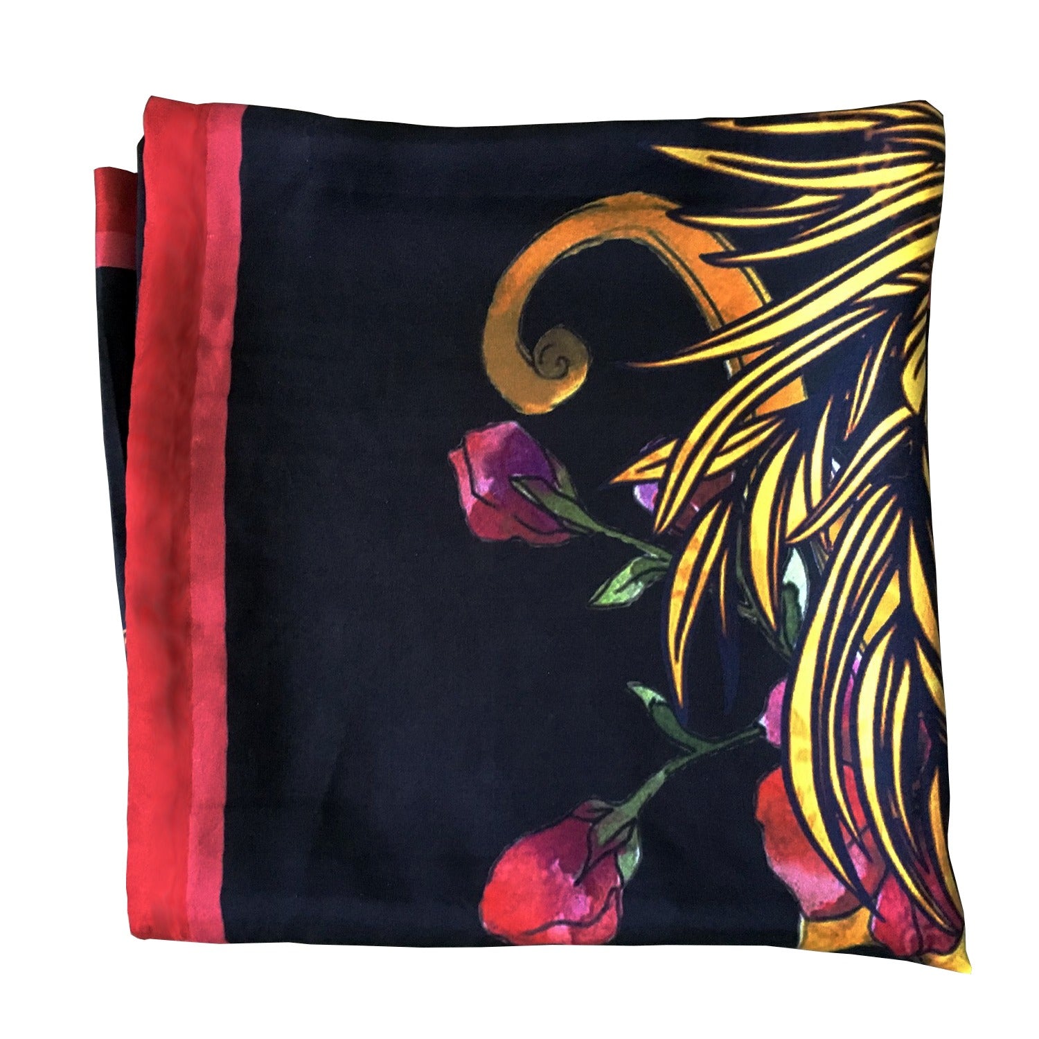 100% silk scarf folded to show a close up of the details of the image printed on the scarf