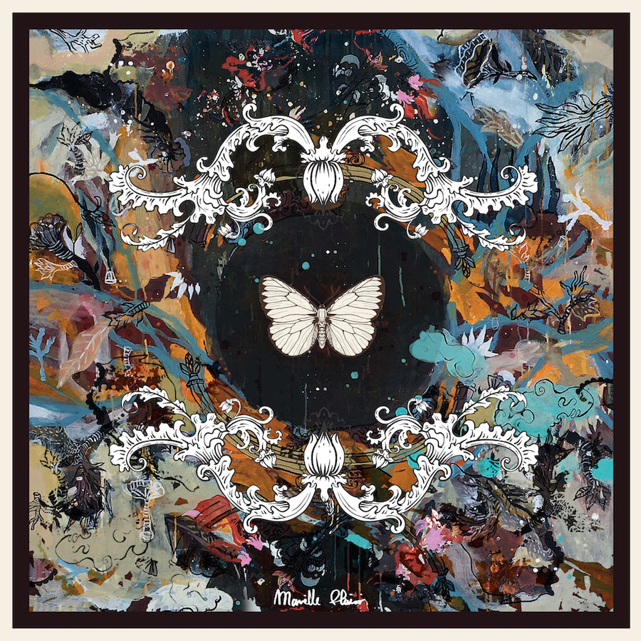 Printed 100% silk scarf, with a butterfly in the middle and colors around it such as blue, white, gray, and black based on paintings by the artist Marielle Plaisir.