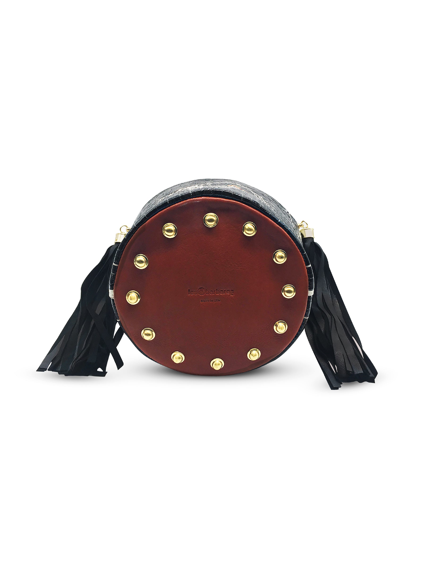 Showing the bottom of the bag with the 13 brass rivets to proctect the base of the bucket bag