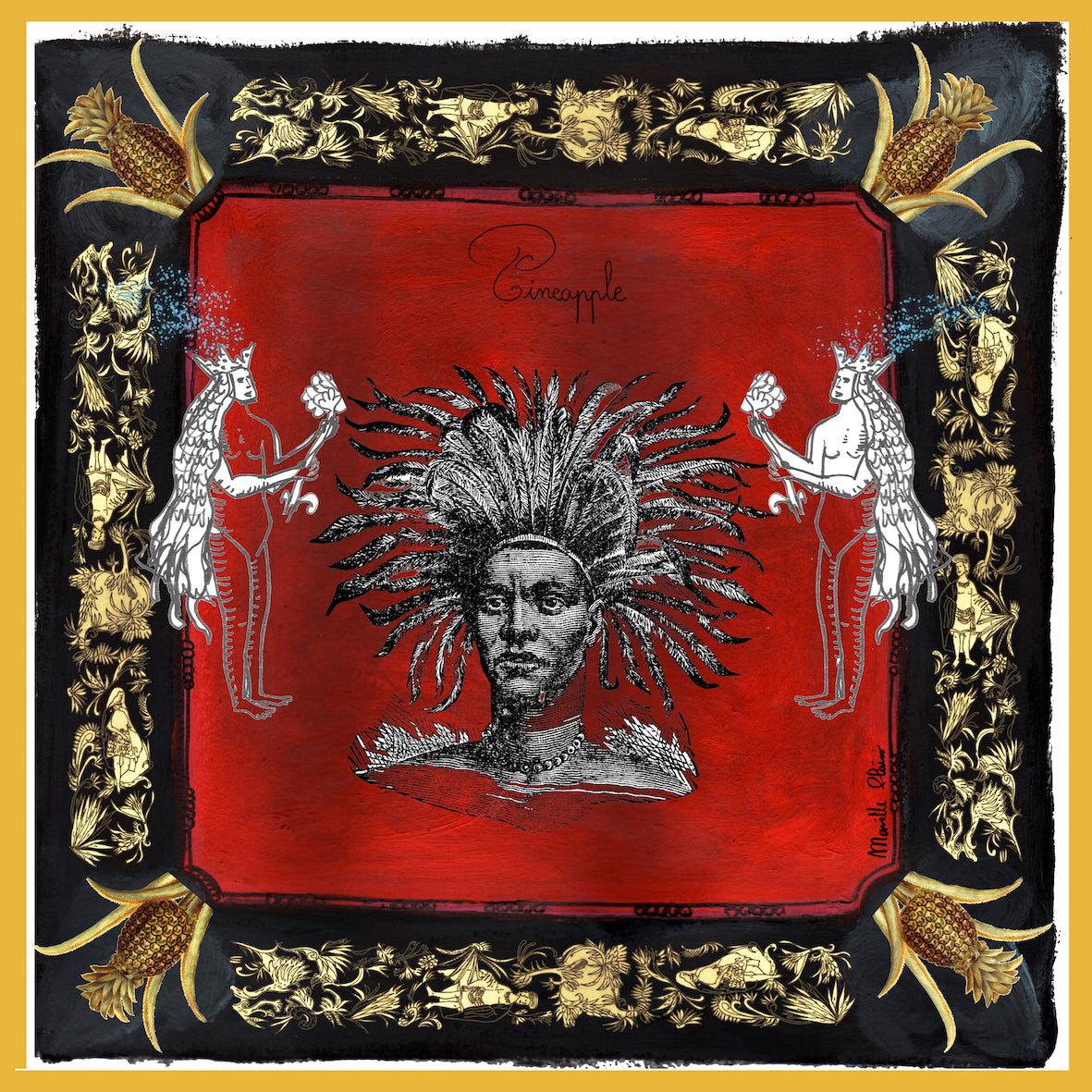 mini 100% silk red, black and gold scarf with printed images of pineapples, and an indigenous warrior woman