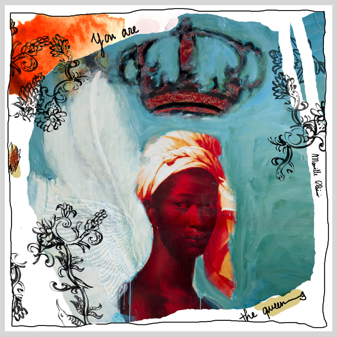 Blue and white 100% silk scarf with a beautiful indigenous queen with crown hovering over her head and the words you are the queen.