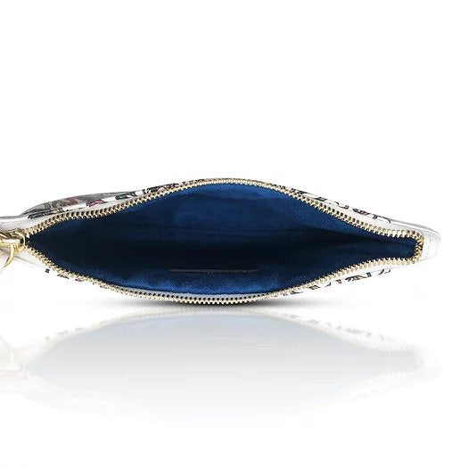 Showing the interior of the genuine soft white leather pouch with a blue suede lining.