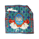 Blue 100% silk scarf with red and pinks and a black and white eagle in the center.