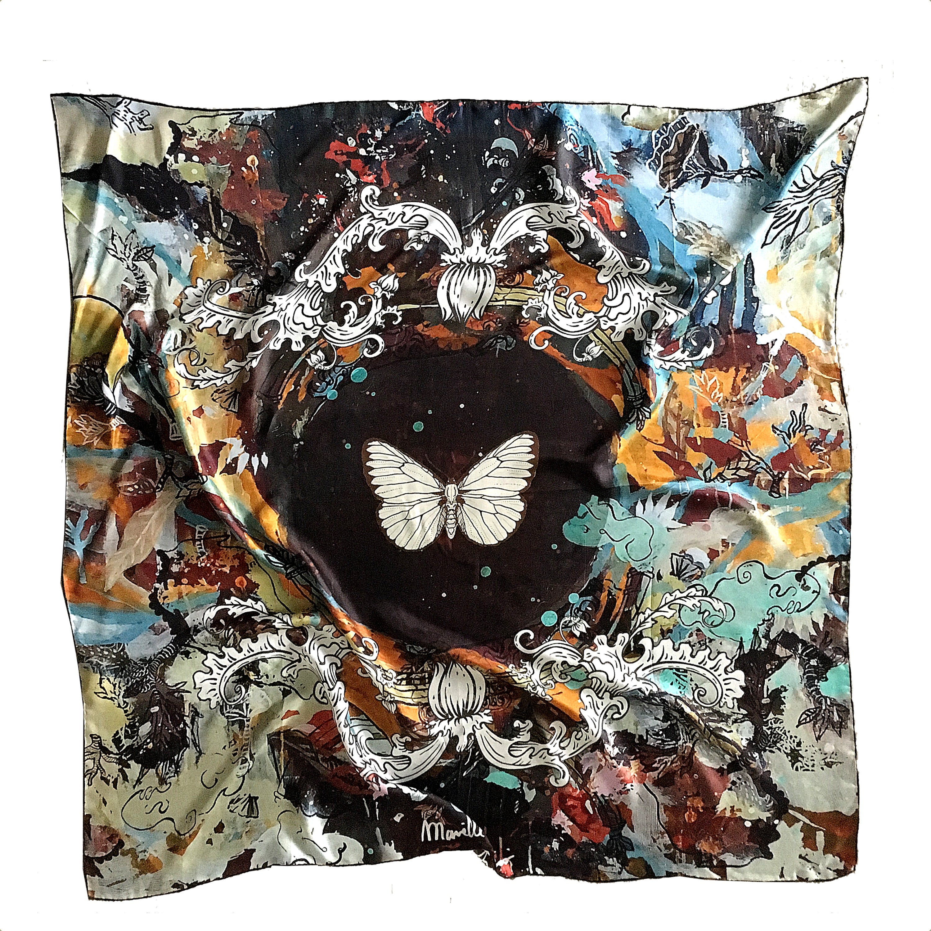 Printed 100% silk scarf, with a butterfly in the middle and colors around it such as blue, white, gray, and black based on paintings by the artist Marielle Plaisir.