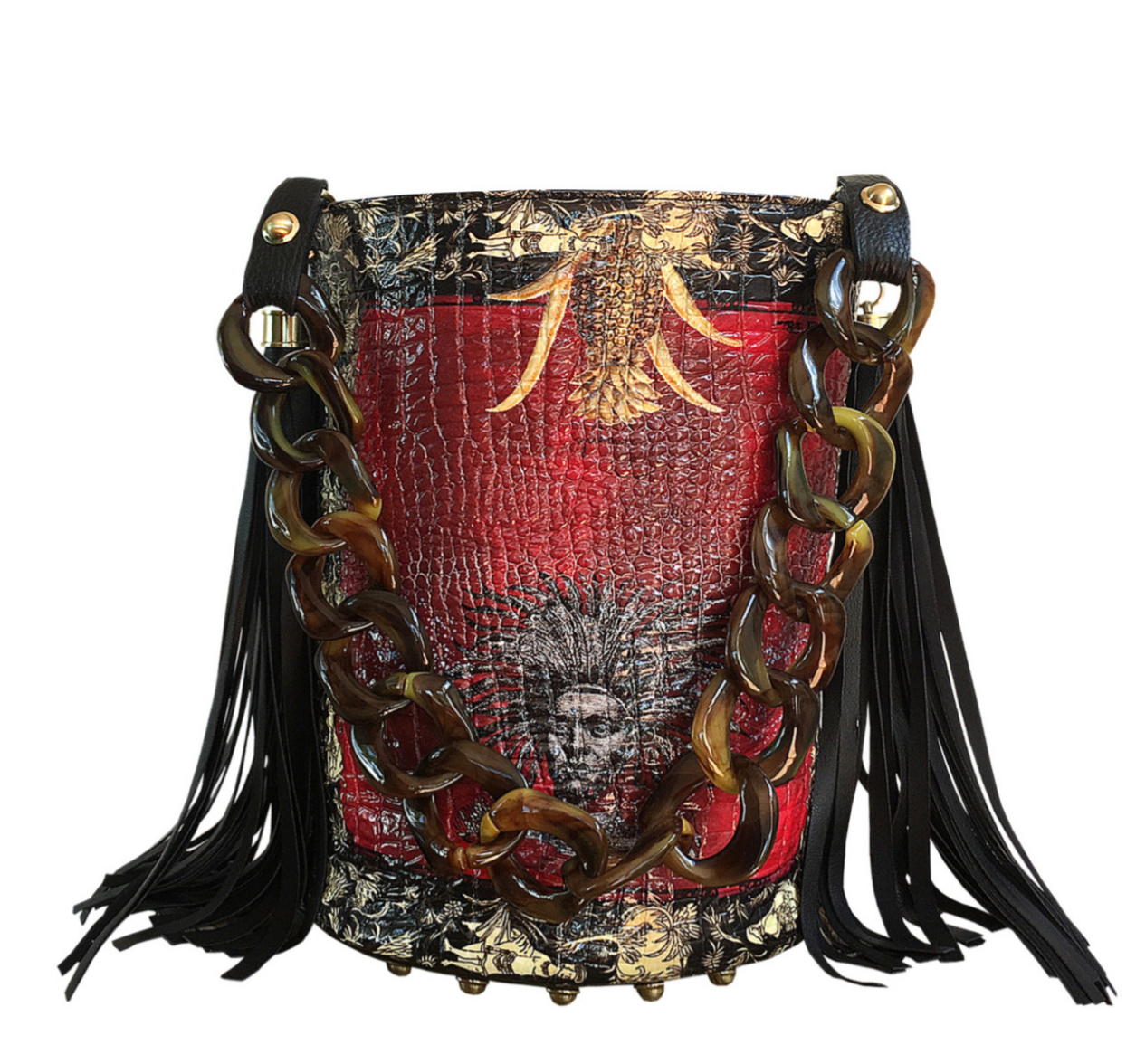 Red, black and gold printed glossy croc effect genuine leather bucket bag. 2 leather side tassels and resin linked chain handle
