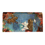 Leather blue glossy croc effect with printed images clutch bag with red leather interior