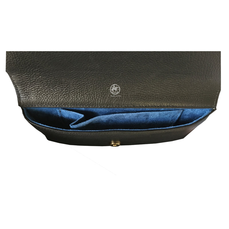 Showing the inside of the black, red and gold clutch bag. Black leather and blue interior with pockets for small items