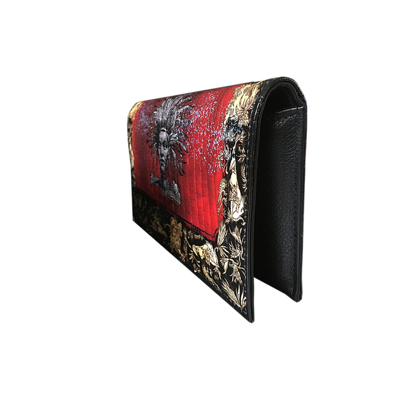 Side view of the genuine black red and gold embossed leather clutch bag