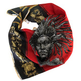 mini 100% silk red, black and gold scarf with printed images of pineapples, and an indigenous warrior woman