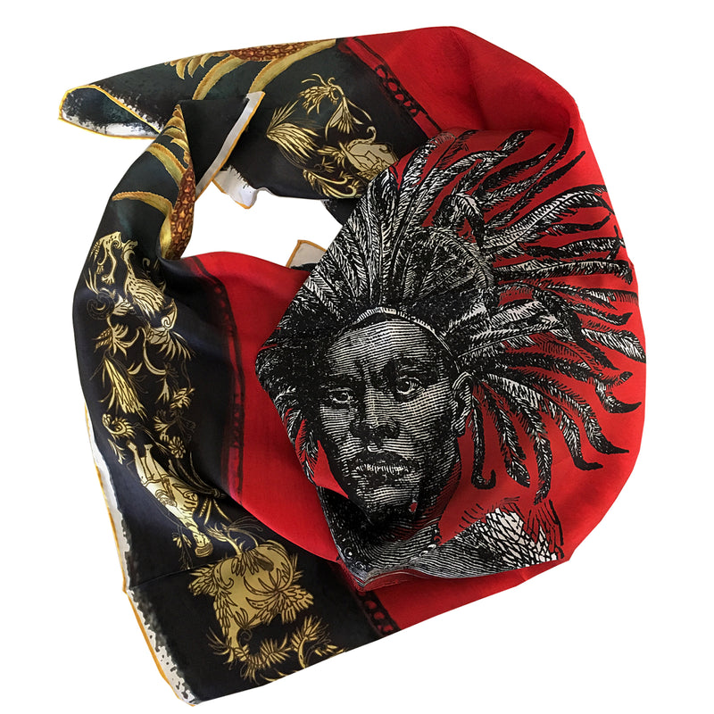 Showing the details of the warrior woman on the 100% printed silk scarf