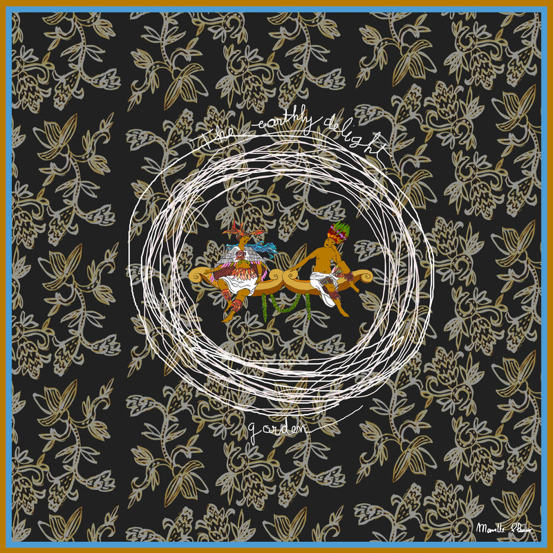 100% silk scarf with hand rolled edges. Garden design gray leaves and shapes on a black background with a central image of two indigenous people having a quiet conversation on benches with the words The Earthly Delight Garden surrounding them. bordered with a light blue edge