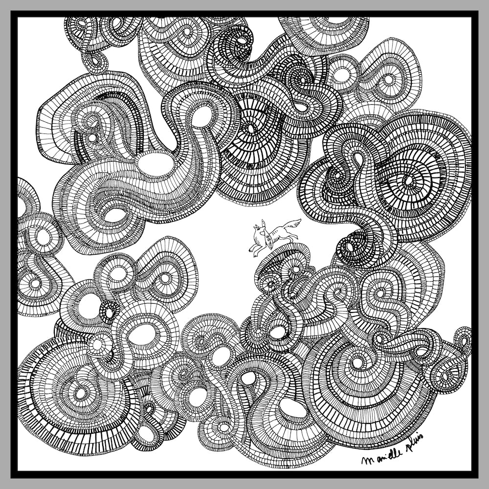 black and white 100% silk scarf with spirals images 