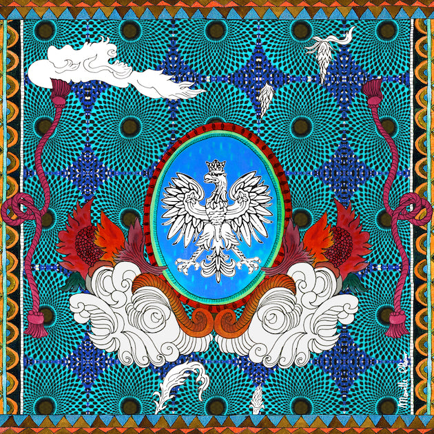 Blue 100% silk scarf with red and pinks and a black and white eagle in the center.