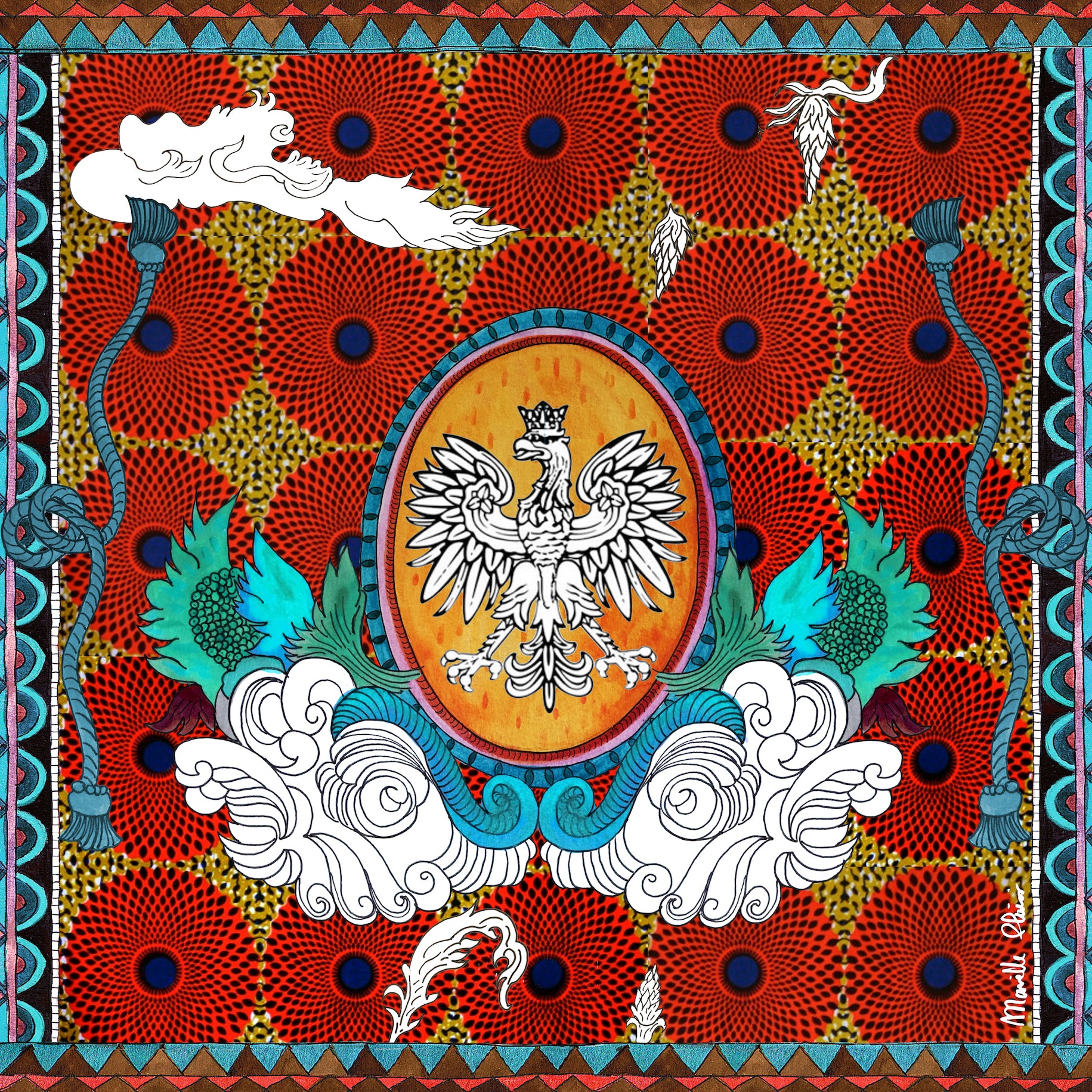 Red 100% silk scarf printed with an eagle in the center as part of the Unique collection