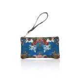 Genuine blue leather printed clutch for carrying mobile phones, make up with detachable handle 